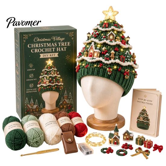Parent Child Interaction Craft Christmas Tree Crochet Hat DIY Kit, Beginner-Friendly Light-Up Handmade Gift for Friends Complete Kit with Yarn, Tools,