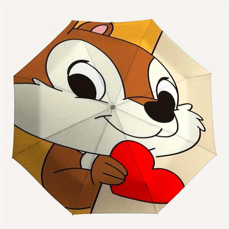 Chip & Dale Cartoon Squirrel Holding Heart Shaped Automatic Opening and Closing Umbrella - Lightweight 3-Fold Design, Suitable for Fans, Tra