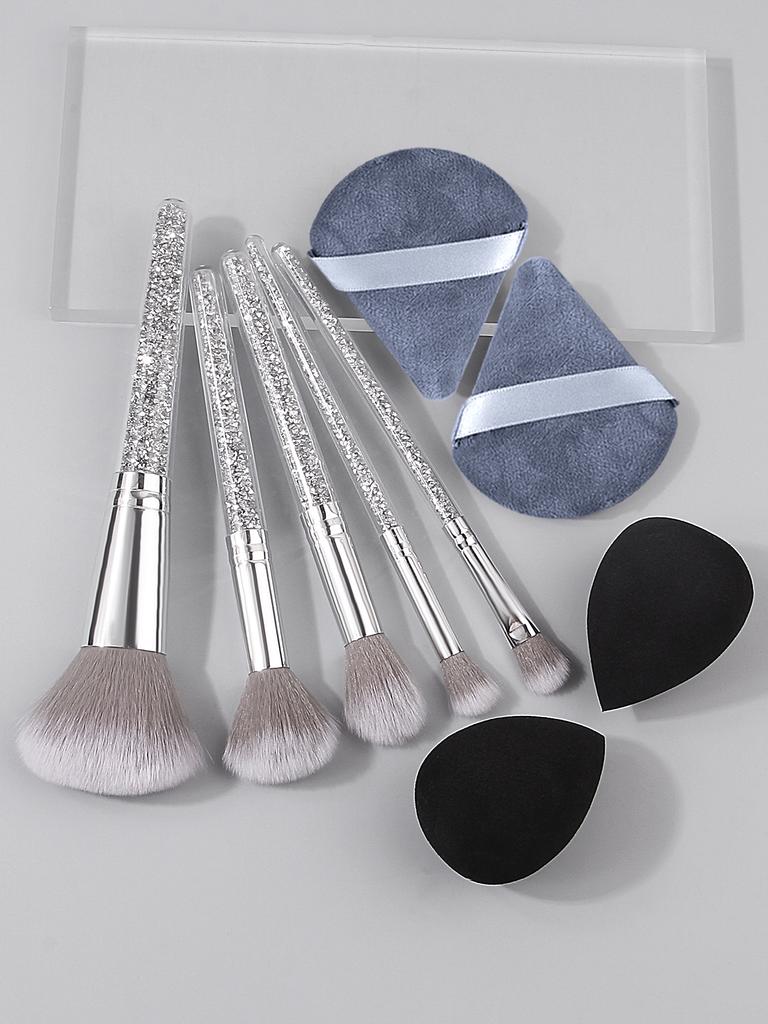 New 5pcs diamond-handled makeup brush, soft bristle blush and eyeshadow contouring brush + 4PCS makeup sponge powder puff
