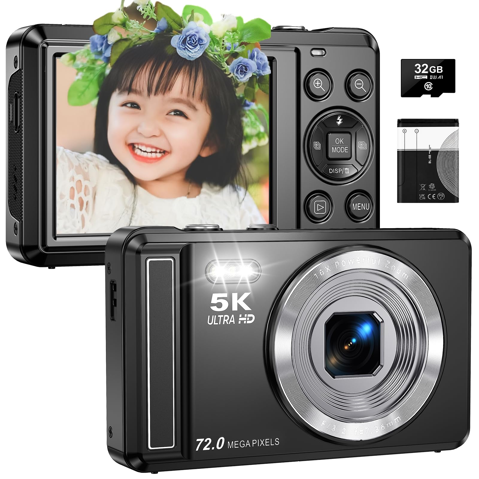 

5K 72MP Digital Camera with AF Autofocus, 16x Digital Zoom, 2.8-inch Screen, Timed Shooting, Built-in Flash, Selfie Capability, 32GB Micro SD Card