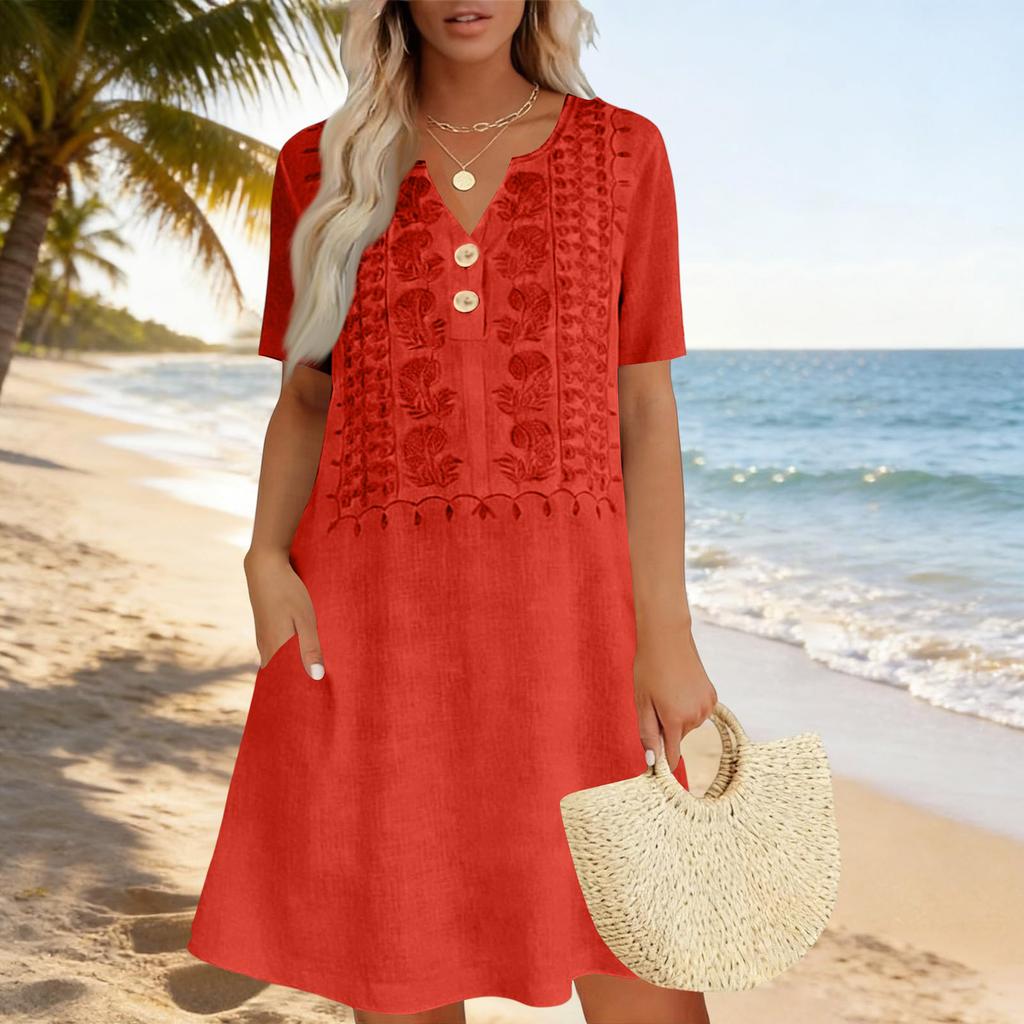 Women Casual Loose Fit Short Sleeve Dress Embroidered Front Button Detail Lightweight Summer Dress with Pockets