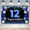 Gefeliciteerd met je 12e Verjaardag Achtergrond Banner Blauw Zwart Thema Achtergrond Met Blauw Neon Licht Glanzend Mode Verjaardagsfeest Foto