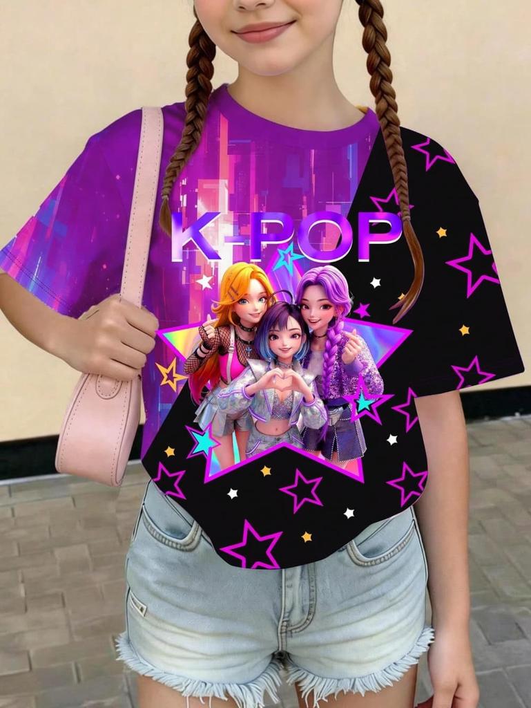 T-shirt Grafica Cartoon Kpop per Ragazze T-shirt Casual Girocollo Adatta per Ragazze Bambini Regalo Manica Corta