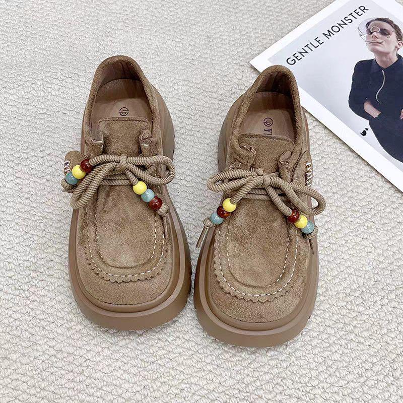 Women's Autumn Platform Matte Loafers - Thick-Soled, Lace-Up, Versatile, Height-Increasing.