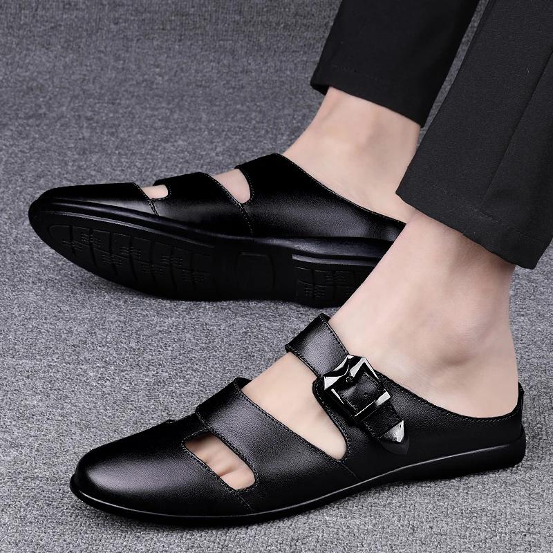 Summer 2025 New Fashion Genuine Leather Casual Men Sandals Fashion Men's Slippers Soft Non-Slip Comfortable Outdoor Sandalias
