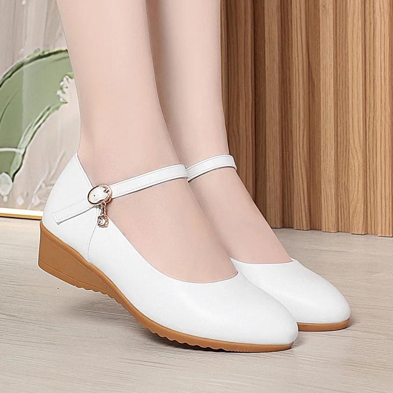 

3cm 5cm Comfortable Breathable Ankle Buckle Wedges Shoes Women Pumps 2025 Fall Soft Leather Med Heels White Shoes Office Mom 35
