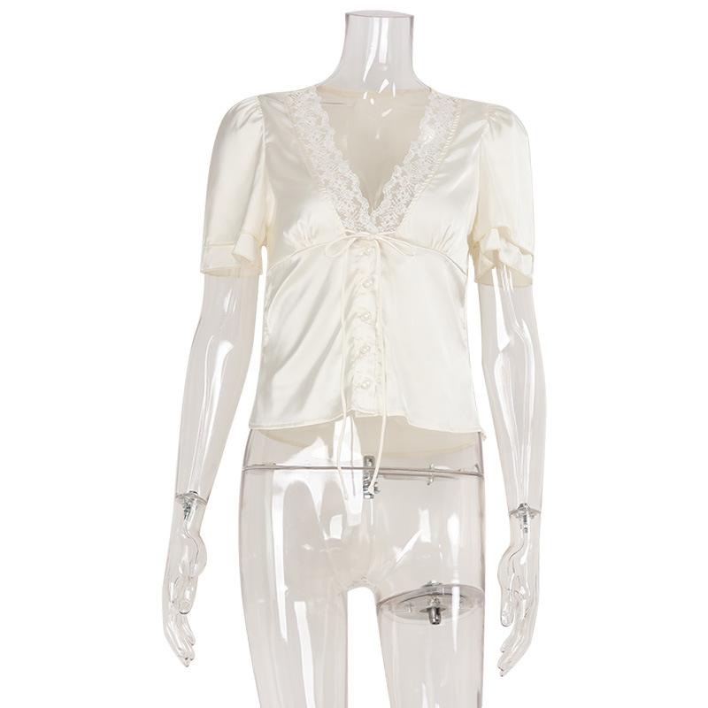 

European And American Women S Summer Fashion Hot-Selling V-Neck Lace Splicing Tie Slim-Fit Short-Sleeve Top L абрикосовий