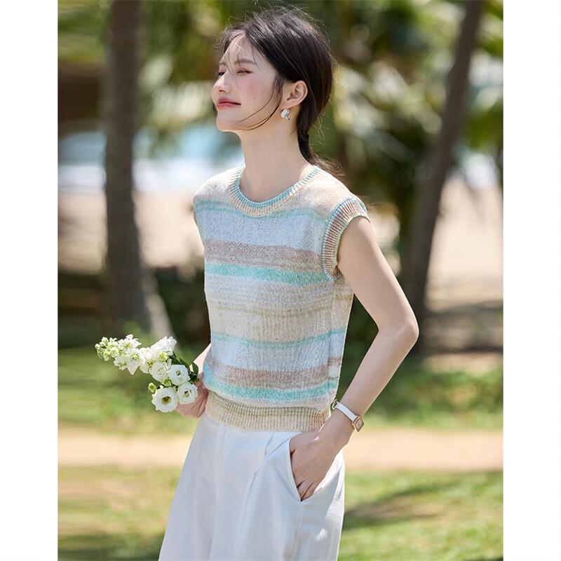 Women s Summer Dopamine Round Neck Breathable Cap Sleeve Knit Top M