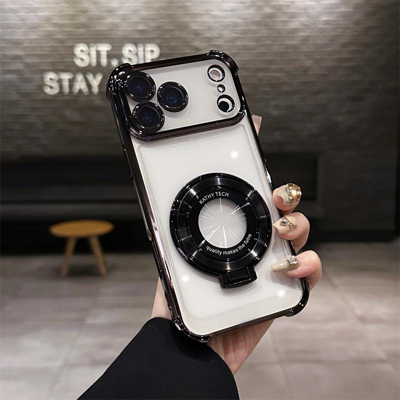 Transparent Soft Luxury Shockproof Electroplated TPU Magnetic Stand Phone Case for 17 Pro Max 16 Pro 15 Plus 14-11 Iphone17promax чёрный