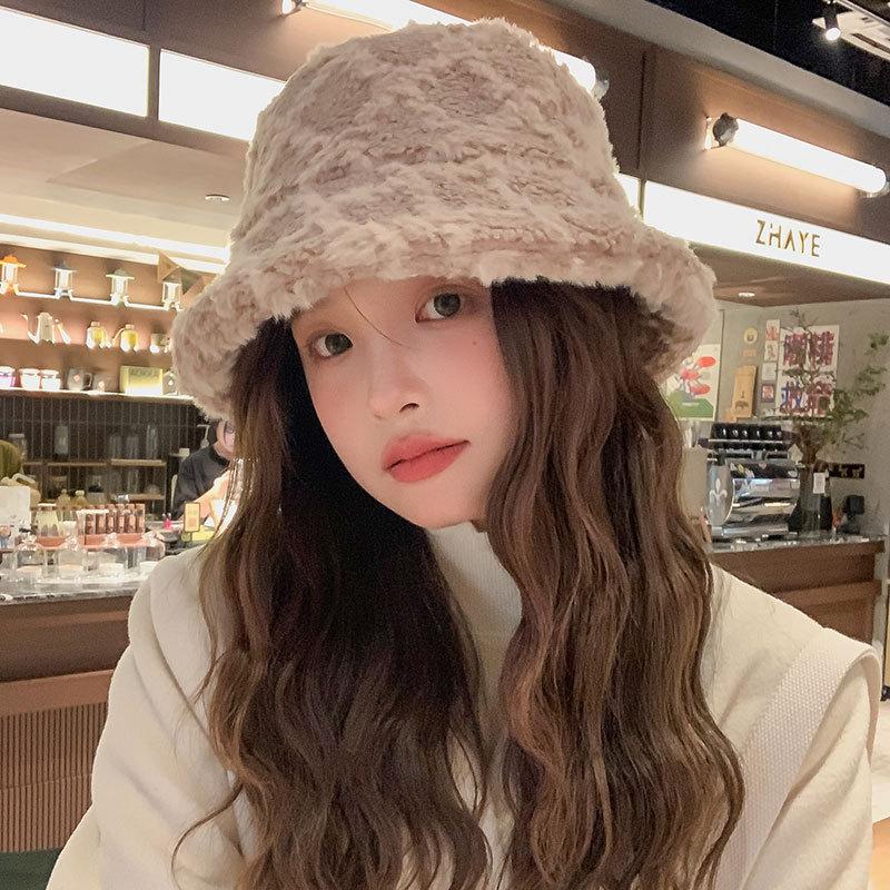 Faux Fur Bucket Hat for Women Winter Thick Plush Girls Fisherman Cap Korean Solid Color Warm Fluffy Sun Visor Panama Caps