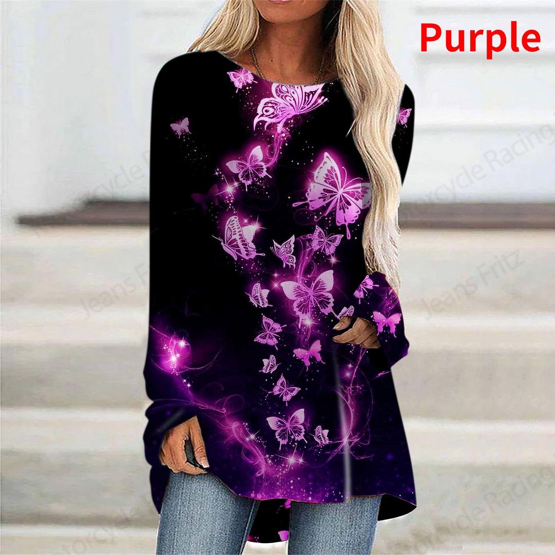 

Синяя фиолетовая бабочка 3D принт длинный рукав футболка женская мода круглый вырез туника топы женская цветочная футболка дышащая футболка женская 3XL