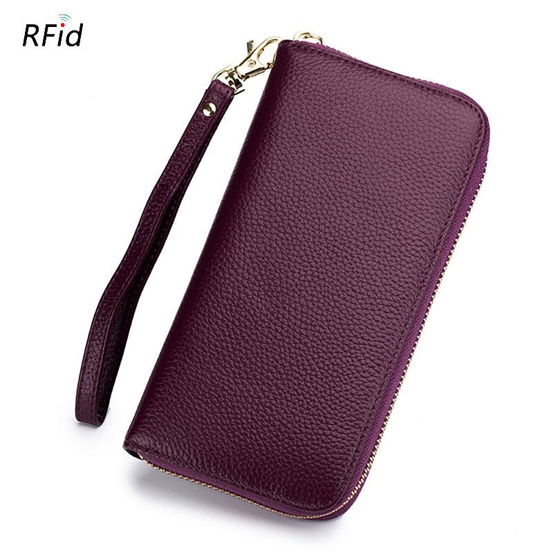 Genuine Leather Women's Wallet RFID Blocking Women Card Holder Luxury Cowhide Long Zipper Wallets Fashion Phone Bag Coin Purse