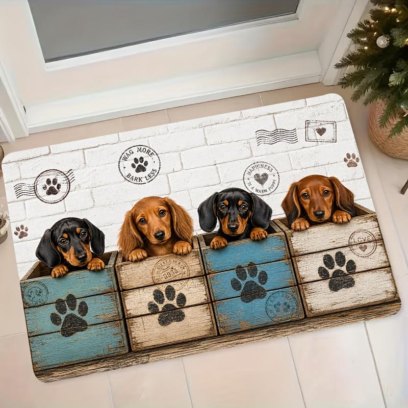 1pc Vintage Dachshund Brick Wall Wooden Drawer Flannel Mat Home Entrance Door Mat Bathroom Water Absorbent Anti-Slip Foot Mat