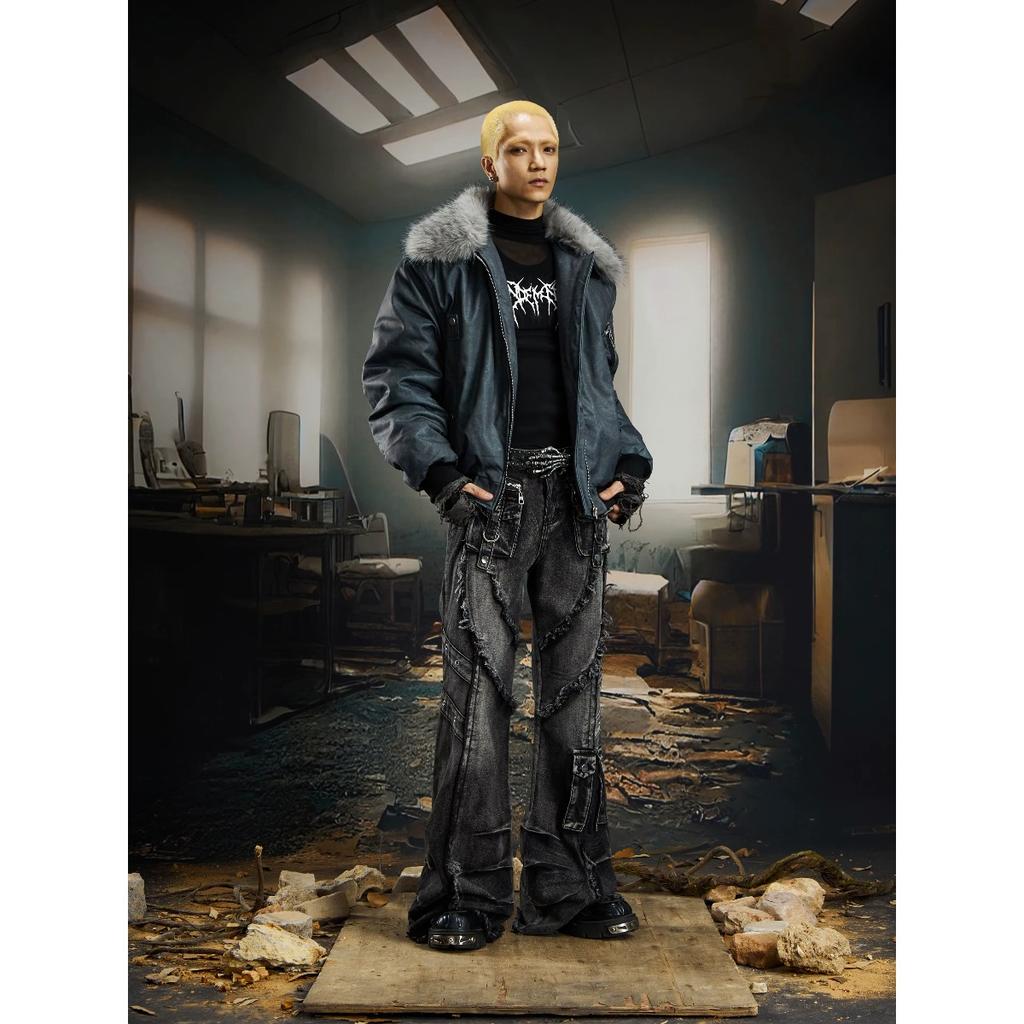 BeatStreet Design Oscuros Calle Principal Super Industria Pesada Deconstruidos Bolsillos Múltiples Costuras Pliegues Pinzados Pantalones Vaqueros Bootcut