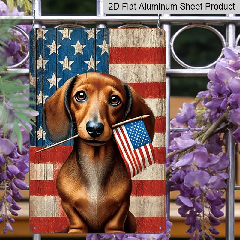 2D Flat Patriotic Dachshund Metal Sign, 4th of July Dog Holding American Flag, 8×12 Inch Aluminum Wall Art, Rustic USA Flag Background Design