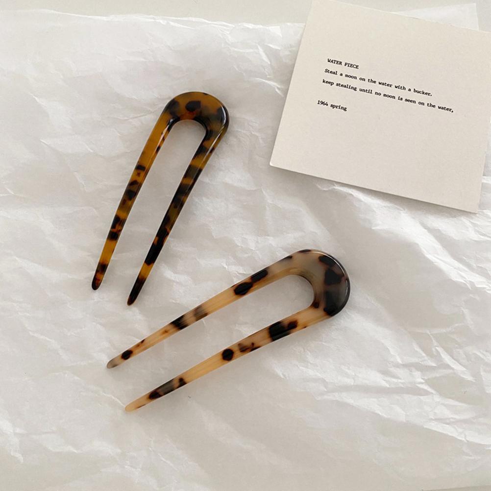 2Pcs U Shaped Hairpin French Style Hair Stick Tortoise Shell Hair Pin 2 Prongs Updo Chignon Pins for Women Girls Hair