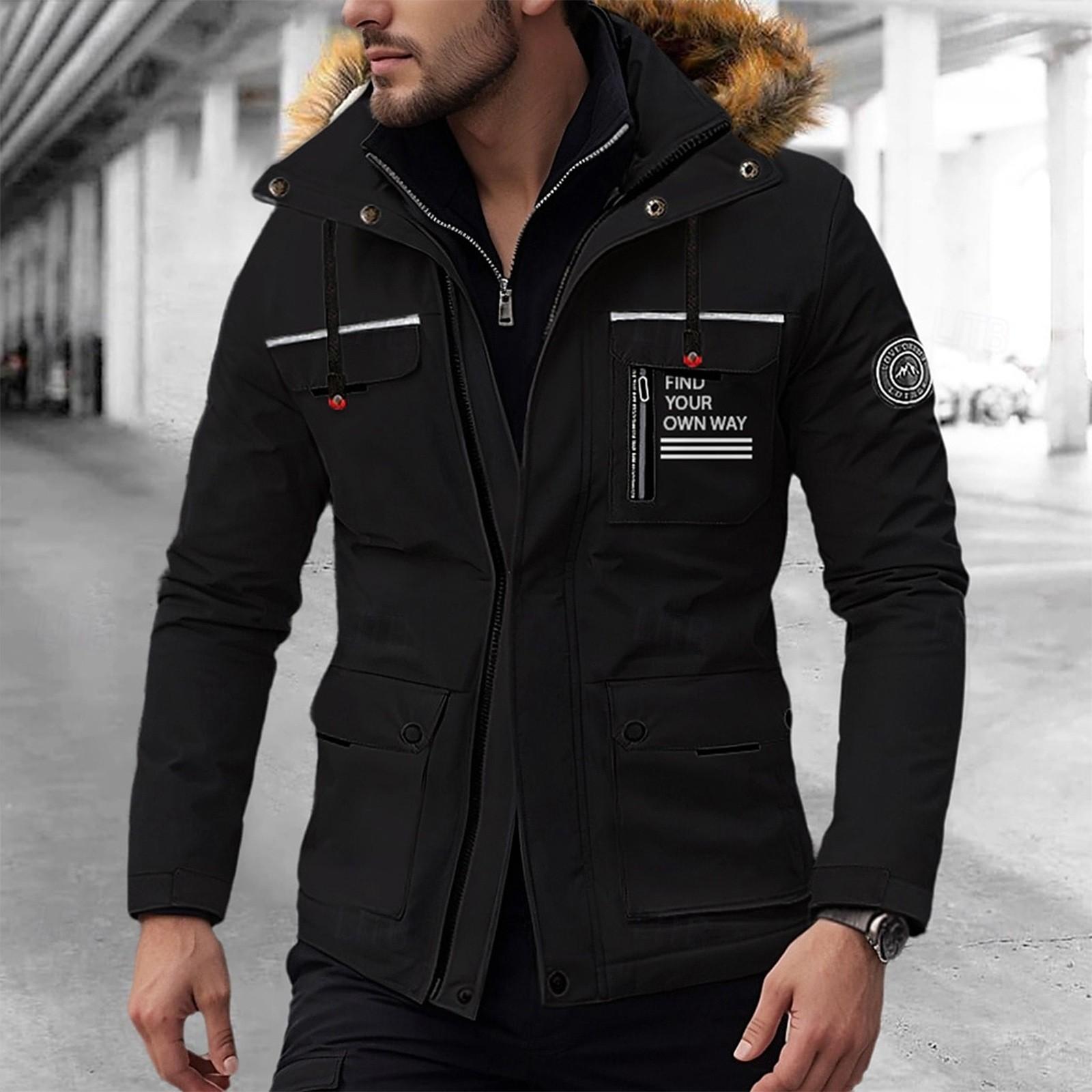 

Мужская зимняя однотонная деловая куртка с капюшоном, мужская ветровка средней длины XL чёрный