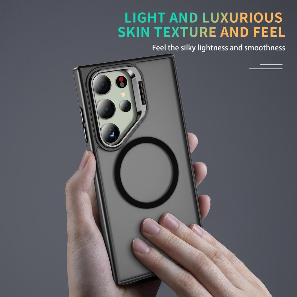 For Samsung Galaxy S25 Ultra Magnetic Case with Lens Kickstand Skin-Touch PC + TPU Phone Cover