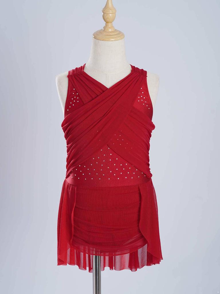 Girls Figure Skating Dress, Lyrical Dance Costume with Mesh Overlay, Cutout Back, Shiny Rhinestones & Irregular Hem