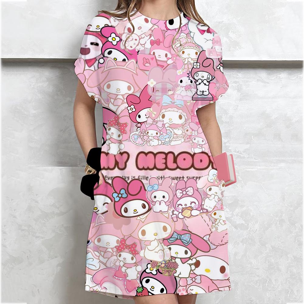 Korean-style Plus-size Hello Kitty print T-shirt Women's Summer Loose-fit Belly Covering Student Dress
