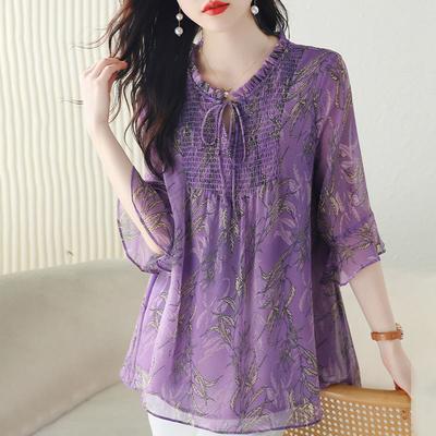 Large Size Women's Summer Loose Short Sleeved Chiffon Shirt Middle-aged and Elderly Top Small Shirt