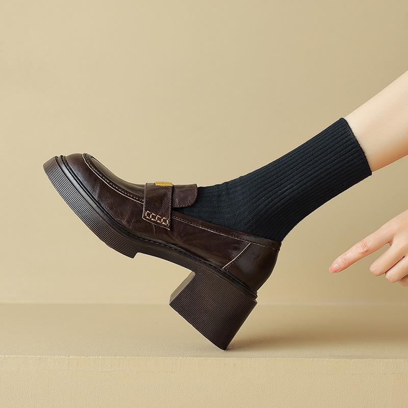 Spot Lightning Hair~ Gold Buckle Round Head Heightening Loafers 2025 Spring and Summer Retro Sheepskin Thick Heel Single Shoes Main Push