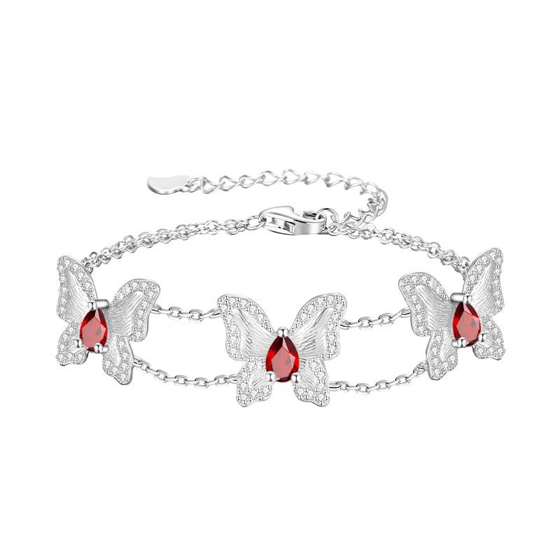 S925 sterling silver natural stone butterfly bracelet brushed craft garnet olivine crystal stone jewelry gift 925 silver