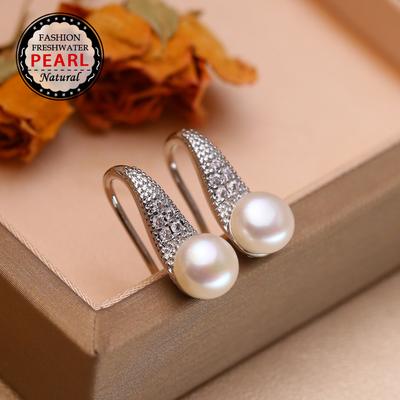 Orecchini in Perle d'Acqua Dolce Naturali Moda Zirconia Cubica Orecchini a Bottone con Perla Per Donna Gioielli da Festa