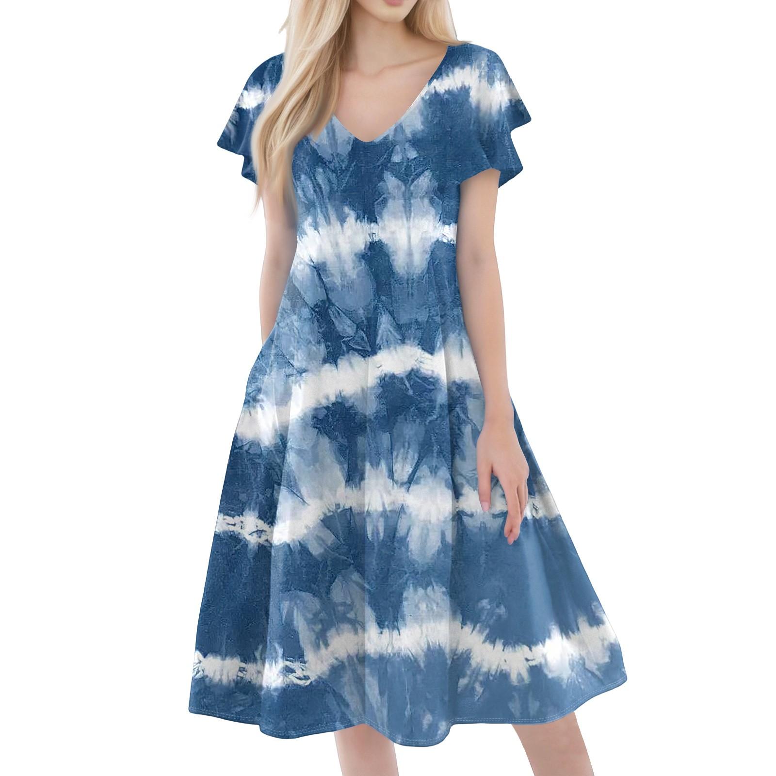 

Женское повседневное модное платье с V-образным вырезом, короткими рукавами, принтом и карманами L синий