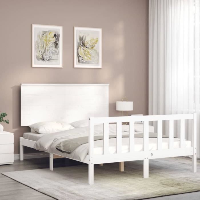 VidaXL Bed Frame with Headboard White 140x190 Cm Solid Wood 3193382