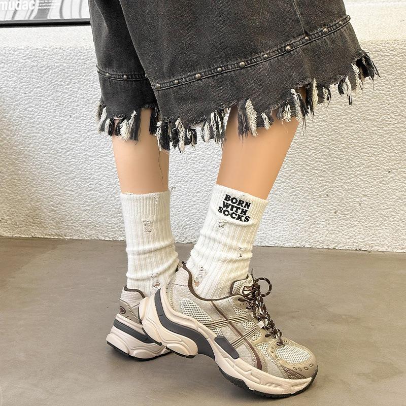 Platform dad shoes women's spring 2025 new leather breathable mesh splicing fashion shallow mouth casual sports shoes