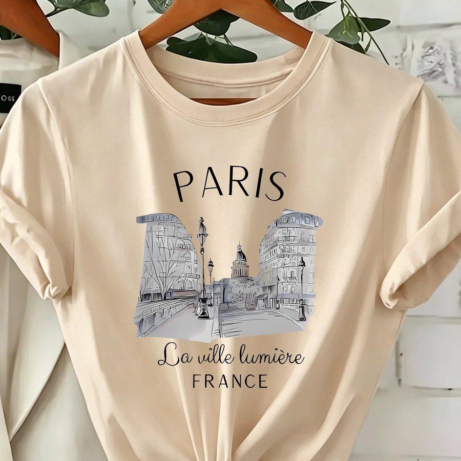 Unisexs Paris Print Crew Neck Tshirt  Casual Loose Fit Short Sleeve Top With Eiffel Tower  French Lettering Design