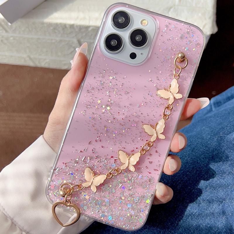 Compatible iPhone 16 Pro Max Transparent Resin Glitter Phone Case with Bowknot and Bracelet