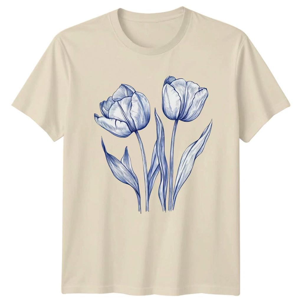 Vintage Tulip Floral Line Art T-Shirt Womens Botanical Gift For Her