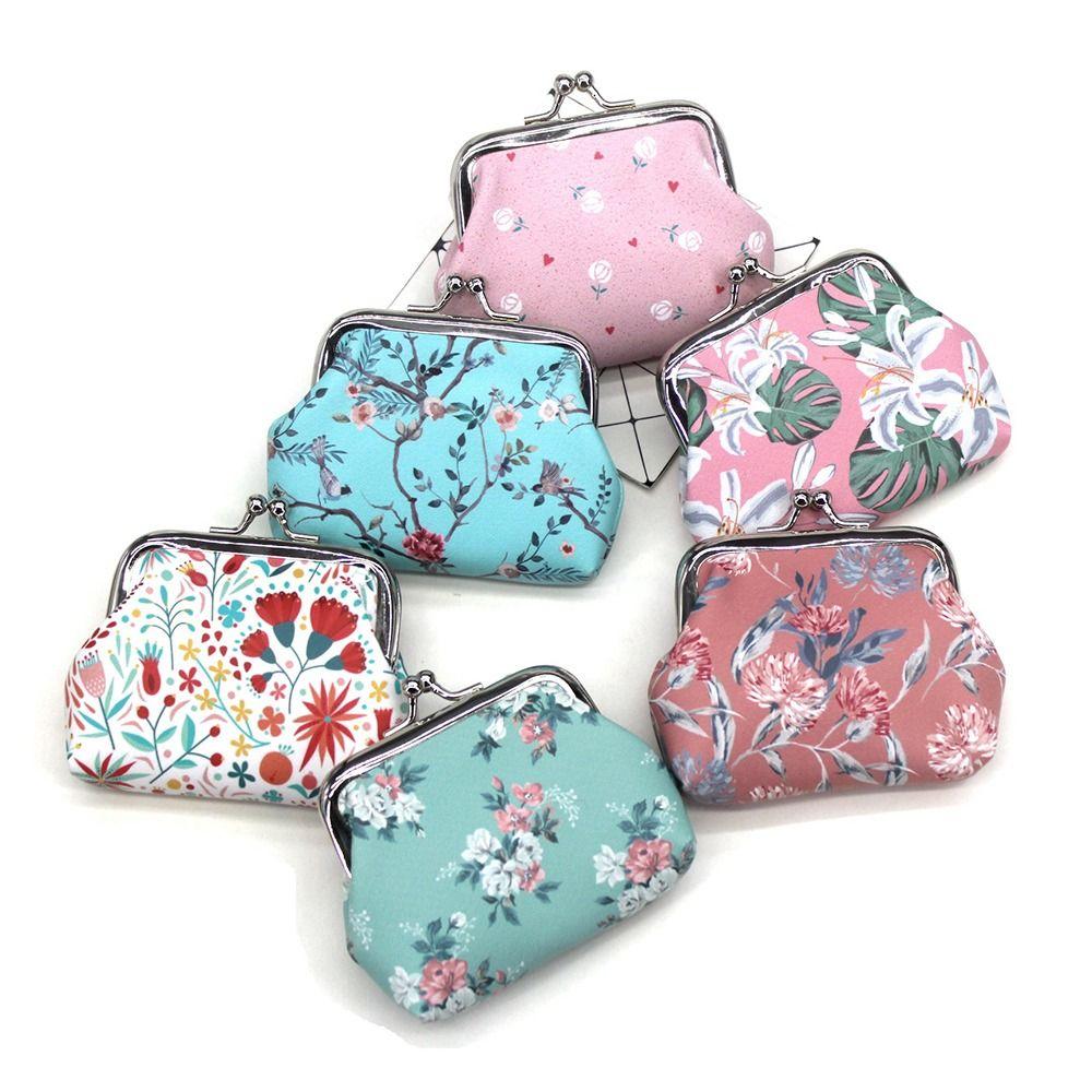 Cute PU Leather Coin Purse Flower Print Latte Clip Wallet Bag Lovely Style Convenient Handbag Women