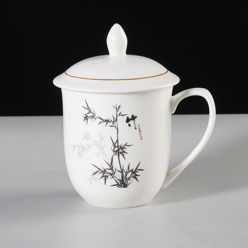 Meilan bamboo chrysanthemum ceramic teacup household large-capacity water cup with lid office meeting cup gift cup set lettering