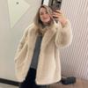 Womens Faux Fur Coat Winter Thick Warm Fox Trim Belted Streetwear Mid-Length Jacket Coffee Beige