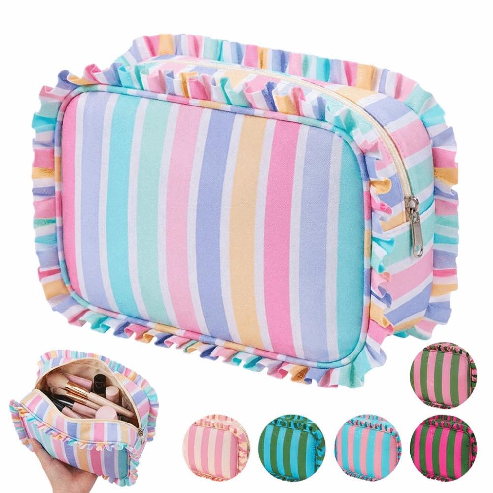 Striped Cosmetic Bag Ruffle Decoration Travel Pouch Portable Storage Bag  Women
