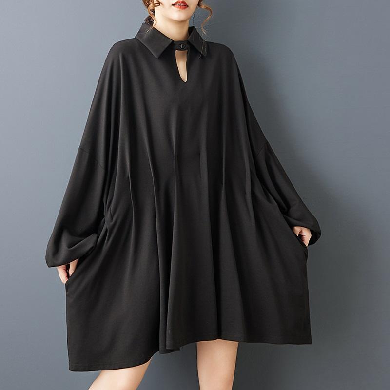 Langarm Übergröße Vintage Schwarz Neu in Kleider für Damen Lässig Locker Midi Frühling Herbst Kleid