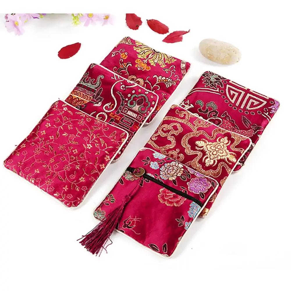 Chinese Brocade Jewelry Bag Handmade Silk Embroidery Padded Small Zipper Tassel Jewelry Organizer Storage Pouch Satin Gift Bag