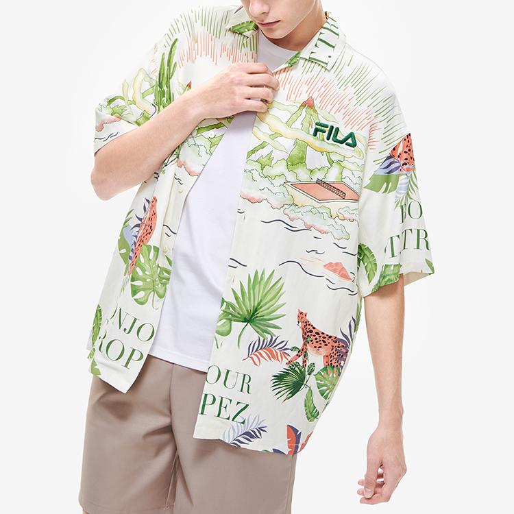FILA Animal And Plant Pattern Printed Casual Fashion Woven Floral Loose Short Sleeve Shirt Men shirts F11M228402FZA