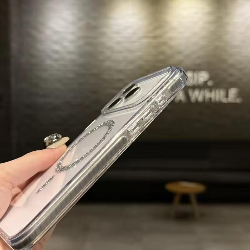 Luxury Glitter Bling For Magsafe Wireless Charge Circle Phone Case For iPhone11 12 13 14 15 16 17 Pro Max Plus 16e Clear Cover