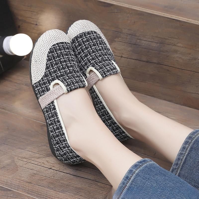 Dámské nazouvací plátěné rybářské boty s barevným pruhovaným vzorem, pohodlné ležérní mokasíny pro celodenní nošení