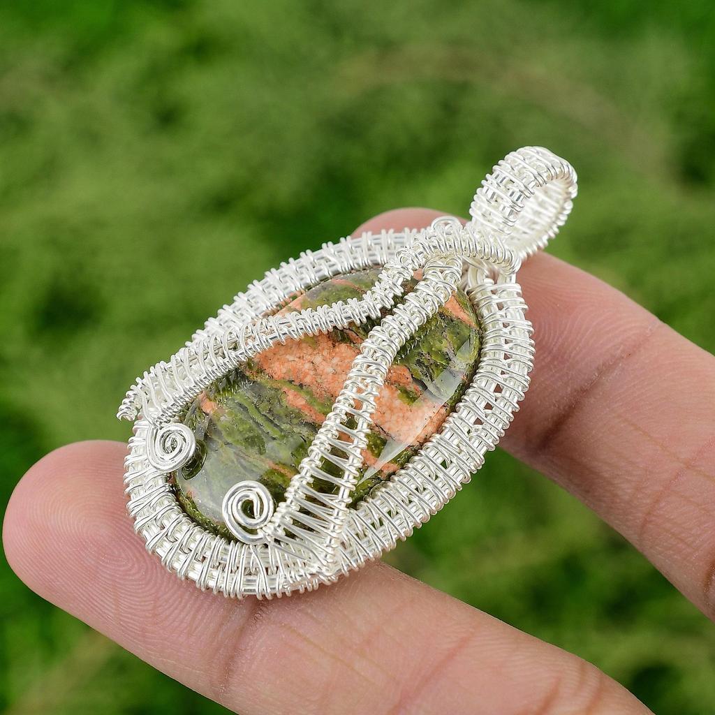 925 Silver Heart Chakra Natural Unakite Engagement Sister Wire Wrapped Pendant
