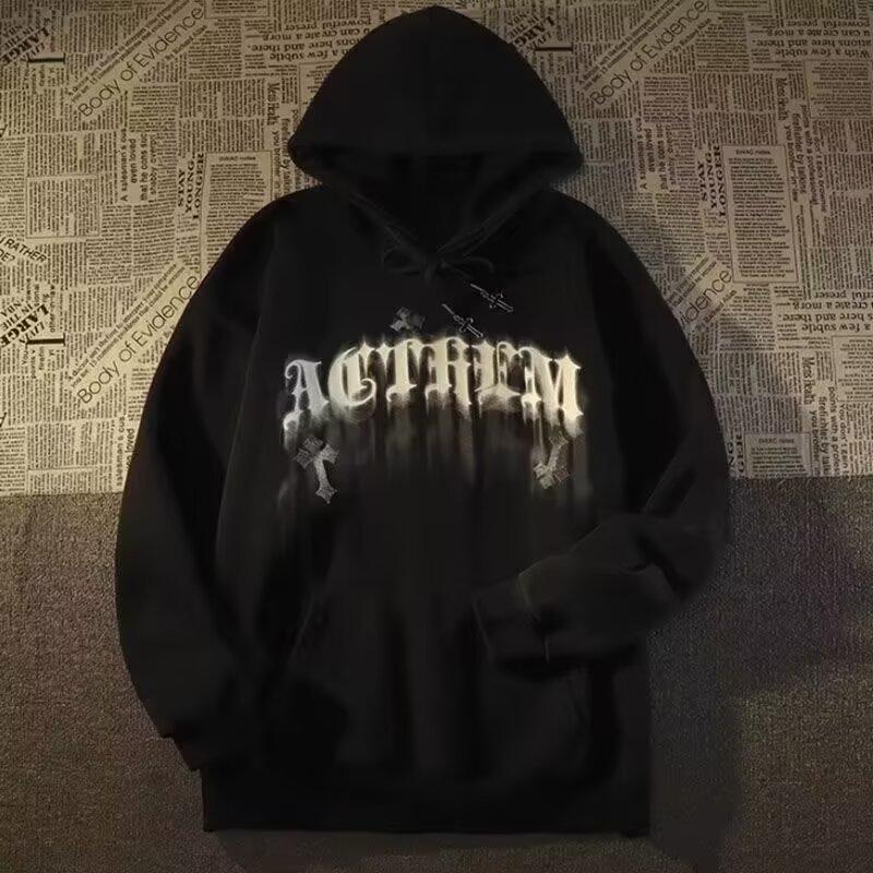 

Ретро-свитер в стиле Гонконга, мужской свитер с капюшоном на весну и осень, американский тяжелый уличный стиль, модный бренд, мешковатое пальто XL чёрный