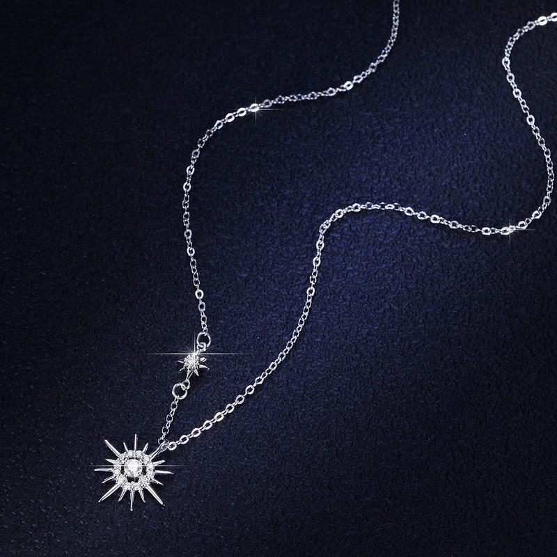 Sterling Star Moon Pendant Necklace Women Six Point Constellation Charm Delicate Chain