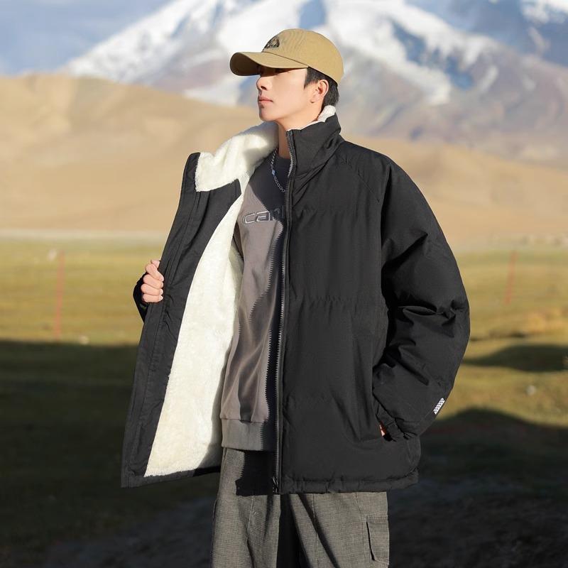 Lamb wool cotton-padded jacket for men's winter new velvet thickened warm cold casual stand-up collar cotton-padded jacket