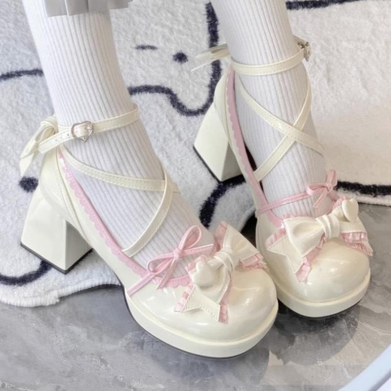 Fashion Women Platform Lolita Shoes Bow Thick Heel Mary Janes Shoes Party Banquet Shoes Sweet Princess Style College Style Leather Pumps