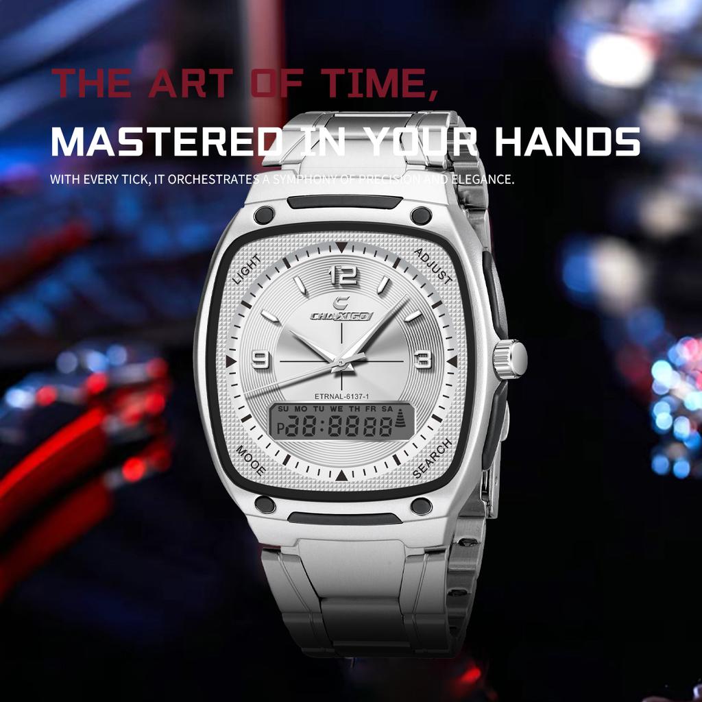 שעון יד אנלוגי לגברים עם תצוגה כפולה, רצועת נירוסטה, מחוגים זוהרים, עמידות למים 30 מ', שעון קוורץ