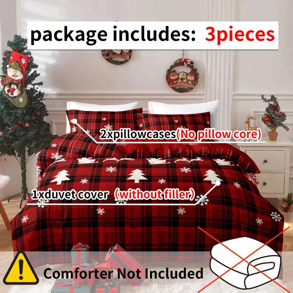 3-Piece Christmas-Themed Duvet Cover Set Hypoallergenic Fabric Checkered Elk Snowflake Print Design